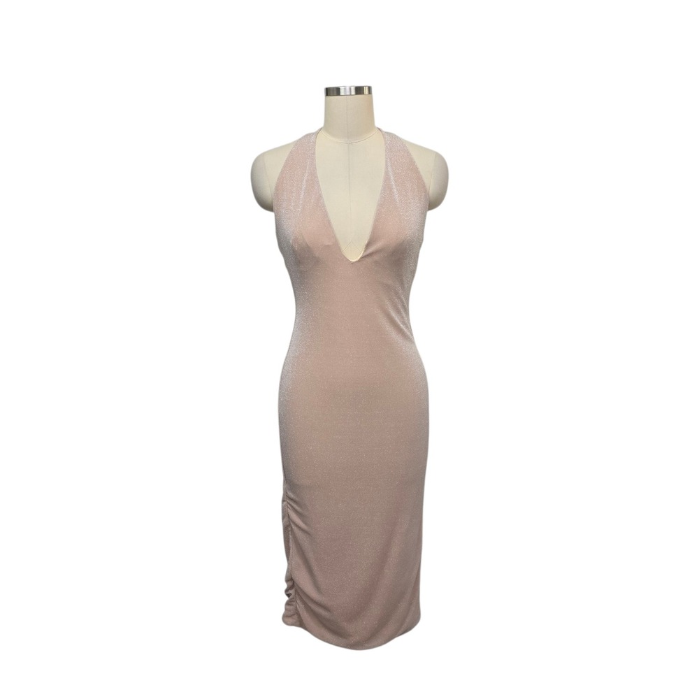 Oh Polly Rose Gold Shimmer Halter Deep V-Neck Ruched Midi Dress Womens Size 6 US